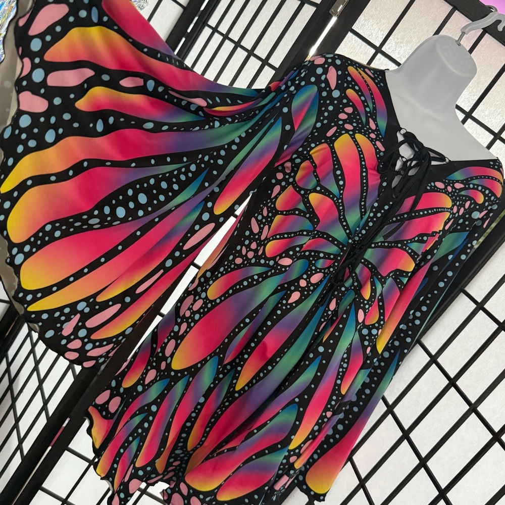 Multicolor Butterfly-Print Mini Dress with Lace-Up Neckline